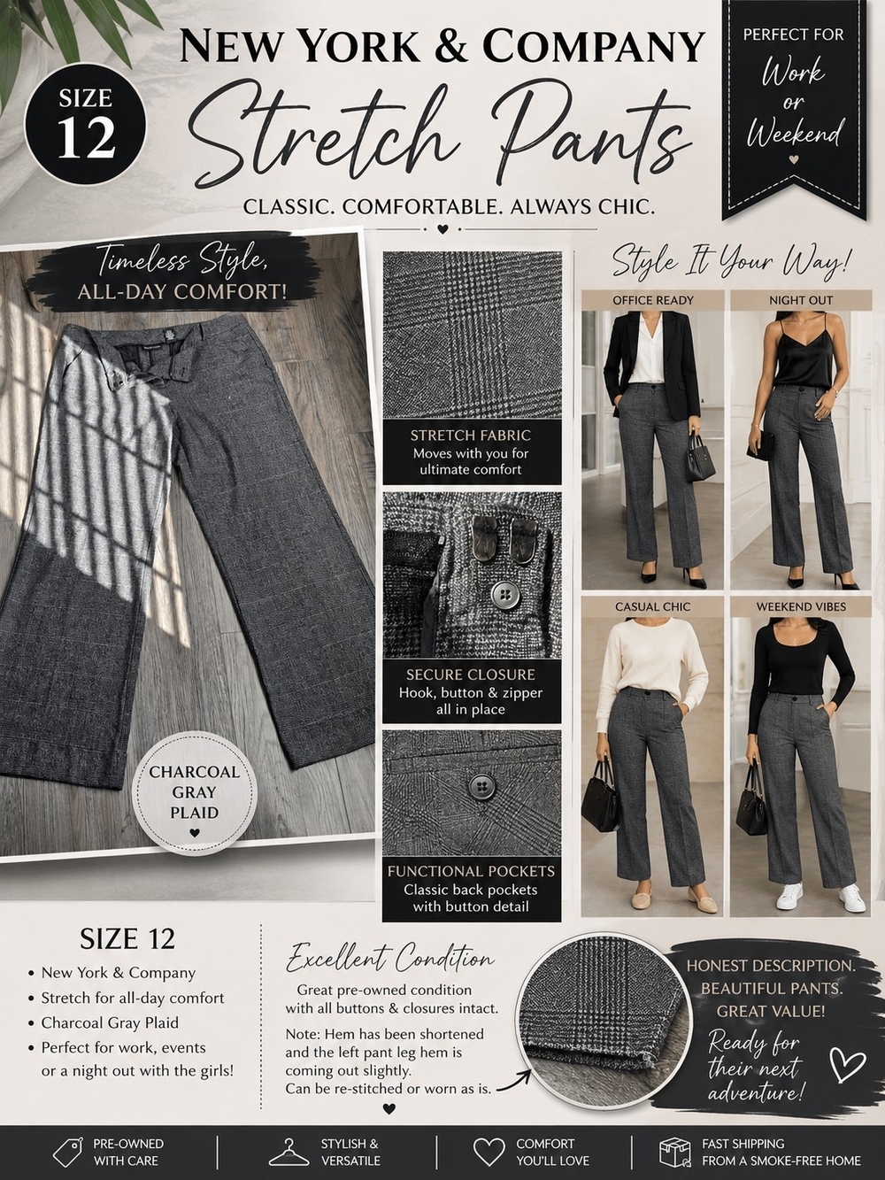 New York & Company Charcoal Gray Plaid Stretch Pants - Size 12